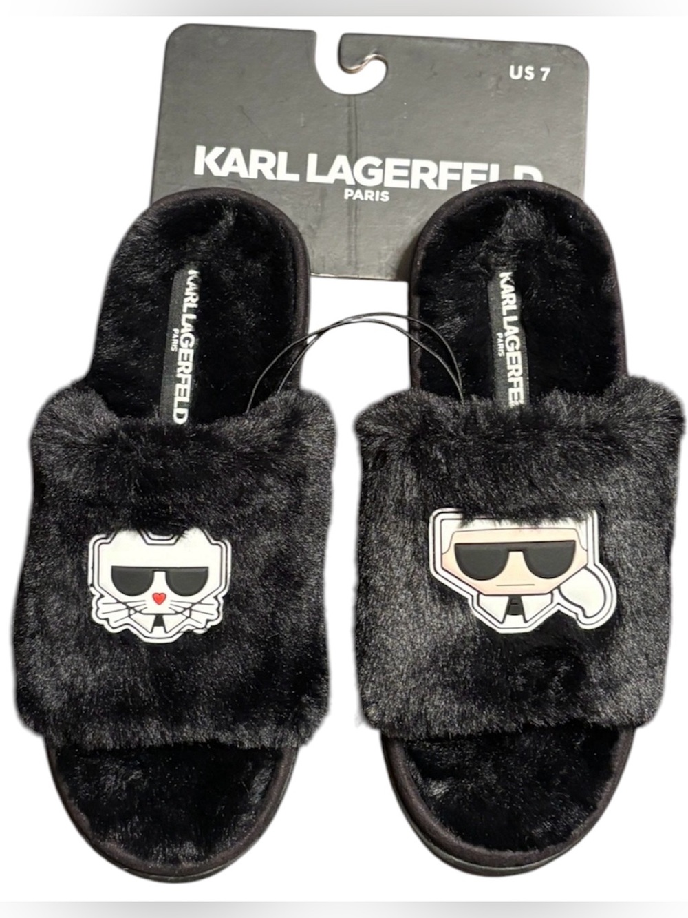 Karl Lagerfeld Women’s Black Faux-Fur Slide Slippers w/Iconic Logo Patch sz7